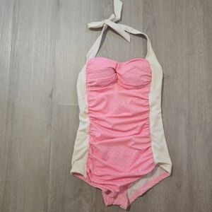Retro Vintage Style Pink Polka Dot One Piece Swimsuit, SIZE S, See Description